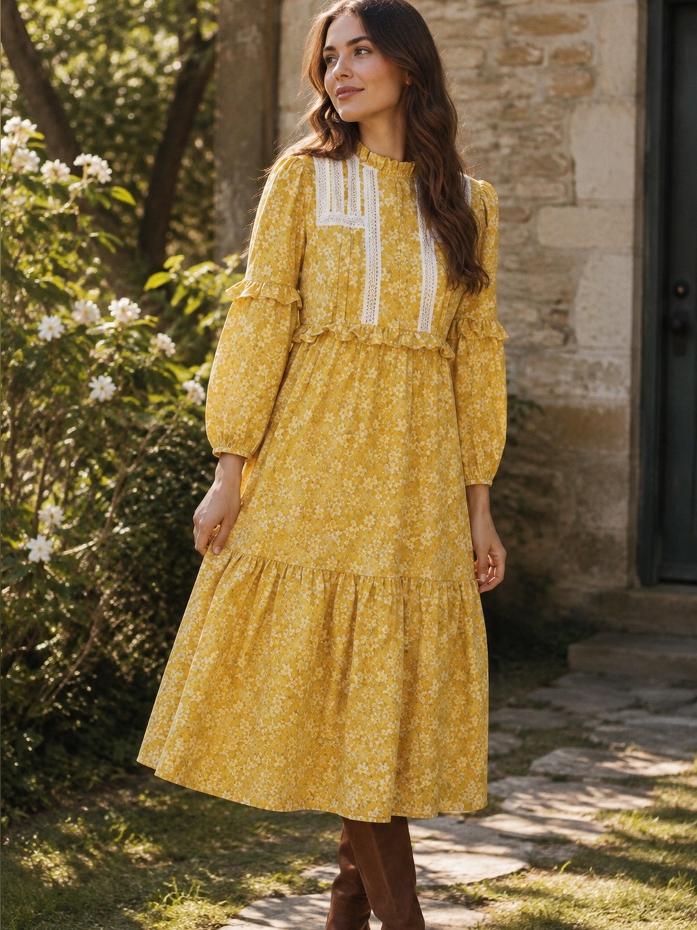 Laura Ashley x Urban Outfitters Yellow Floral Midi Dress Women’s XS Soft Girl